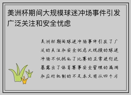 美洲杯期间大规模球迷冲场事件引发广泛关注和安全忧虑
